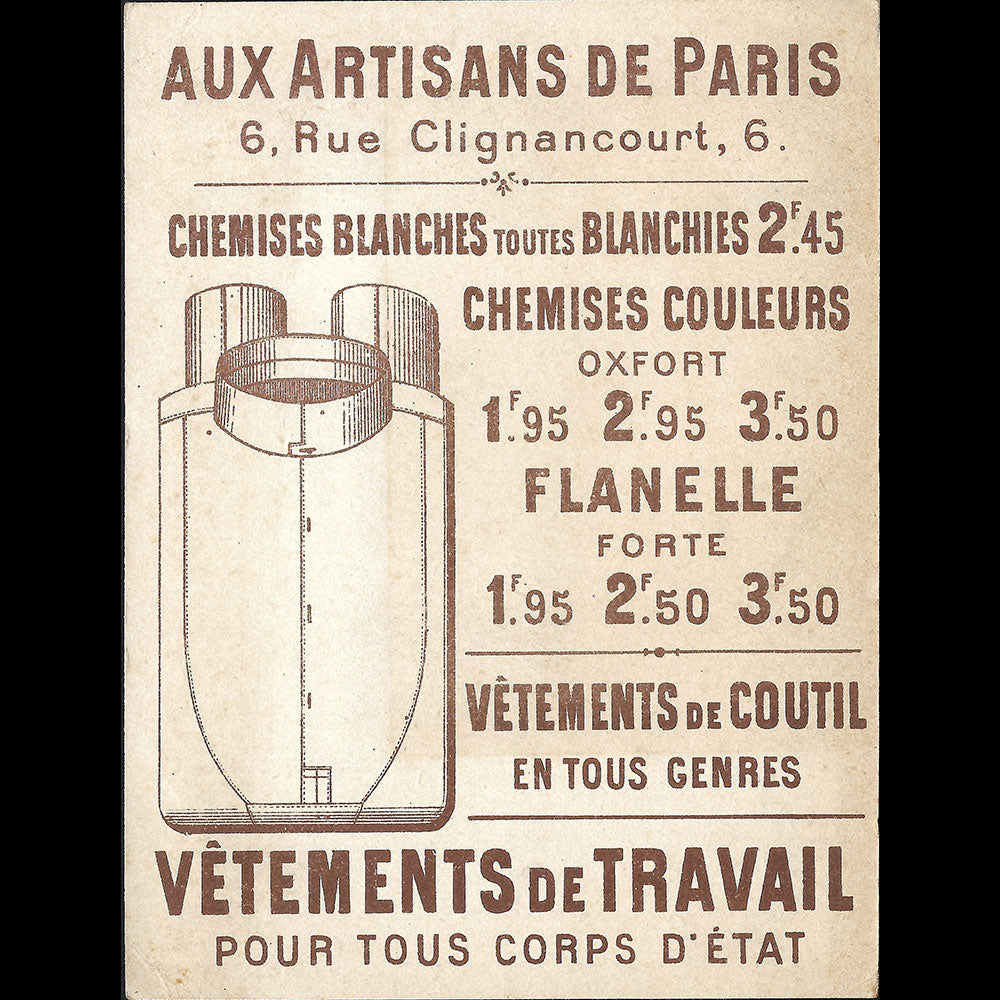Aux Artisans de Paris - Carte de la maison de vêtements de travail, 6 rue Clignancourt à Paris (1896)