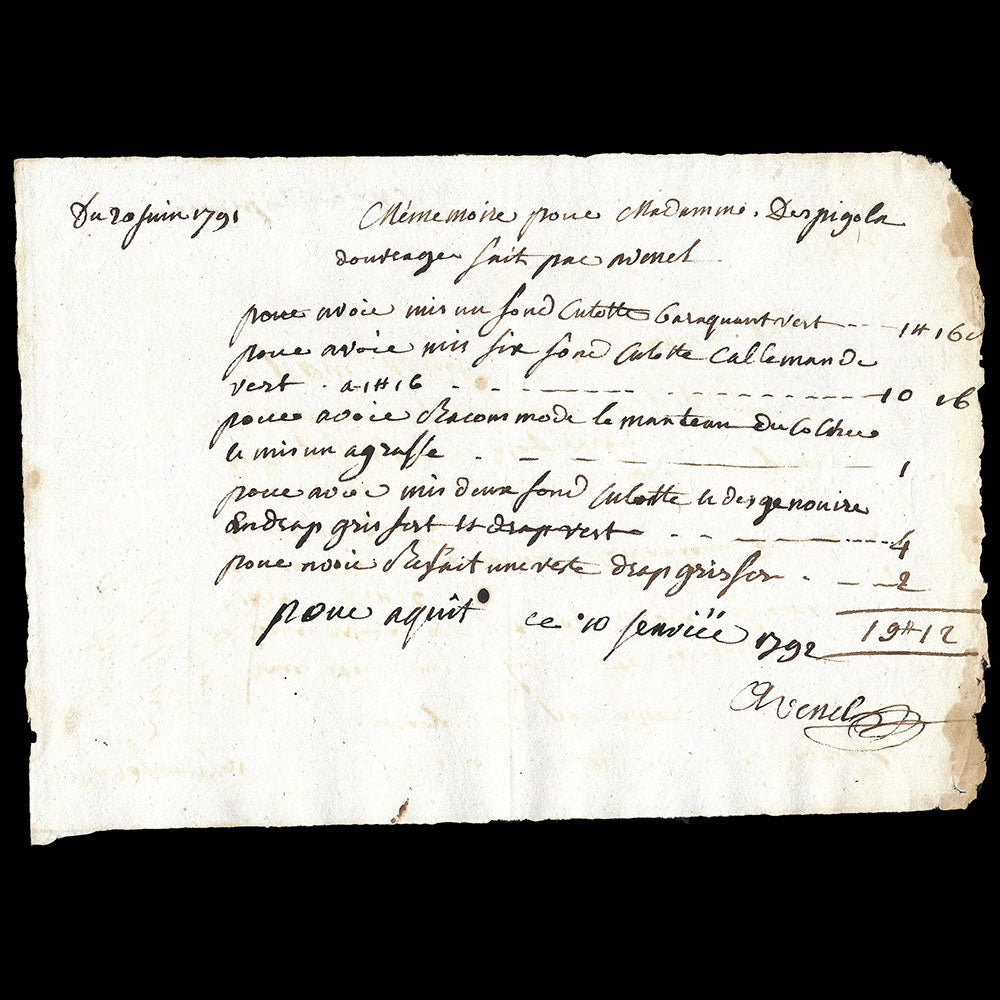 Avenel - Mémoire du Maître tailleur à Paris (1791)