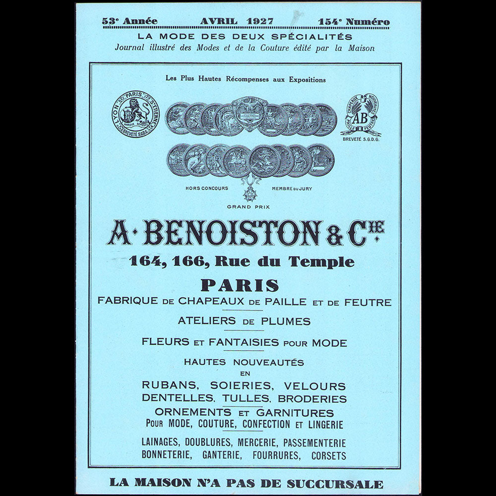 A. Benoiston & Cie - La Mode des deux spécialités, avril 1927, 164-166 rue du Temple à Paris