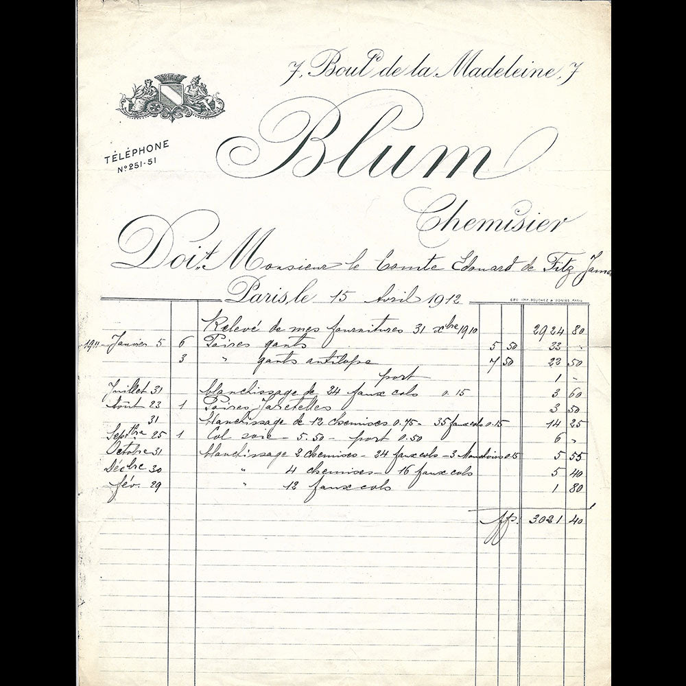 Blum - Facture du chemisier, 7 Boulevard de la Madeleine à Paris (1912)