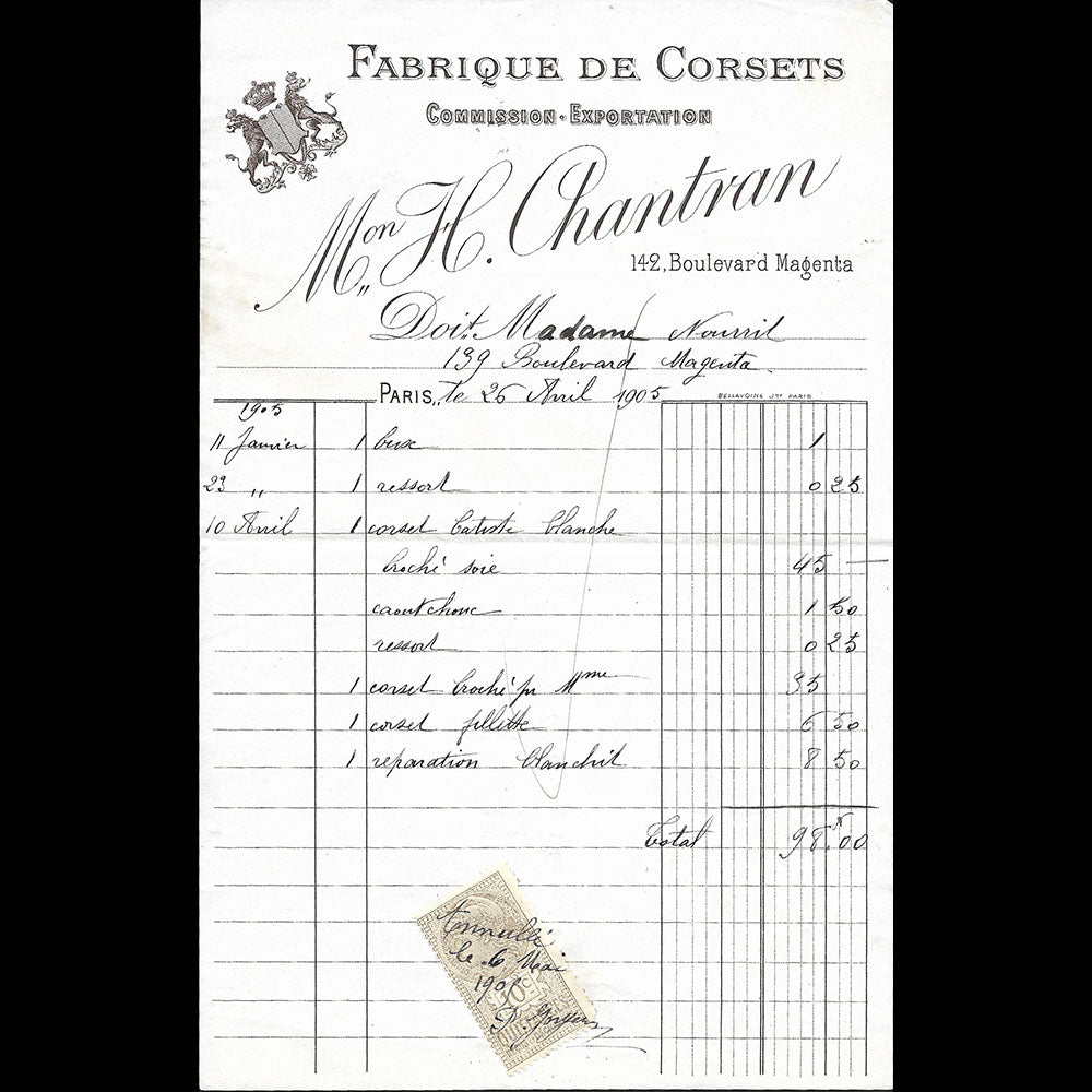 H. Chantran - Facture de la fabrique de corsets, 142 boulevard Magenta, Paris (1905)