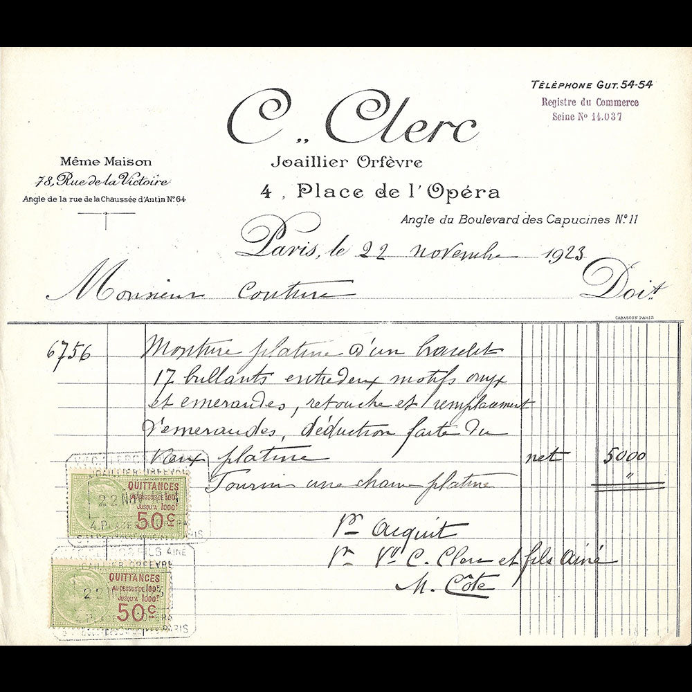 C. Clerc - Facture de la maison de joaillerie et d'orfèvrerie, 4 place de l'Opéra, Paris (1923)