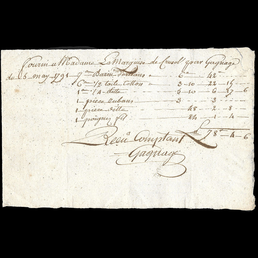 Gagnage - Mémoire du marchand de toiles, 25 rue de Bussy à Paris (1791)