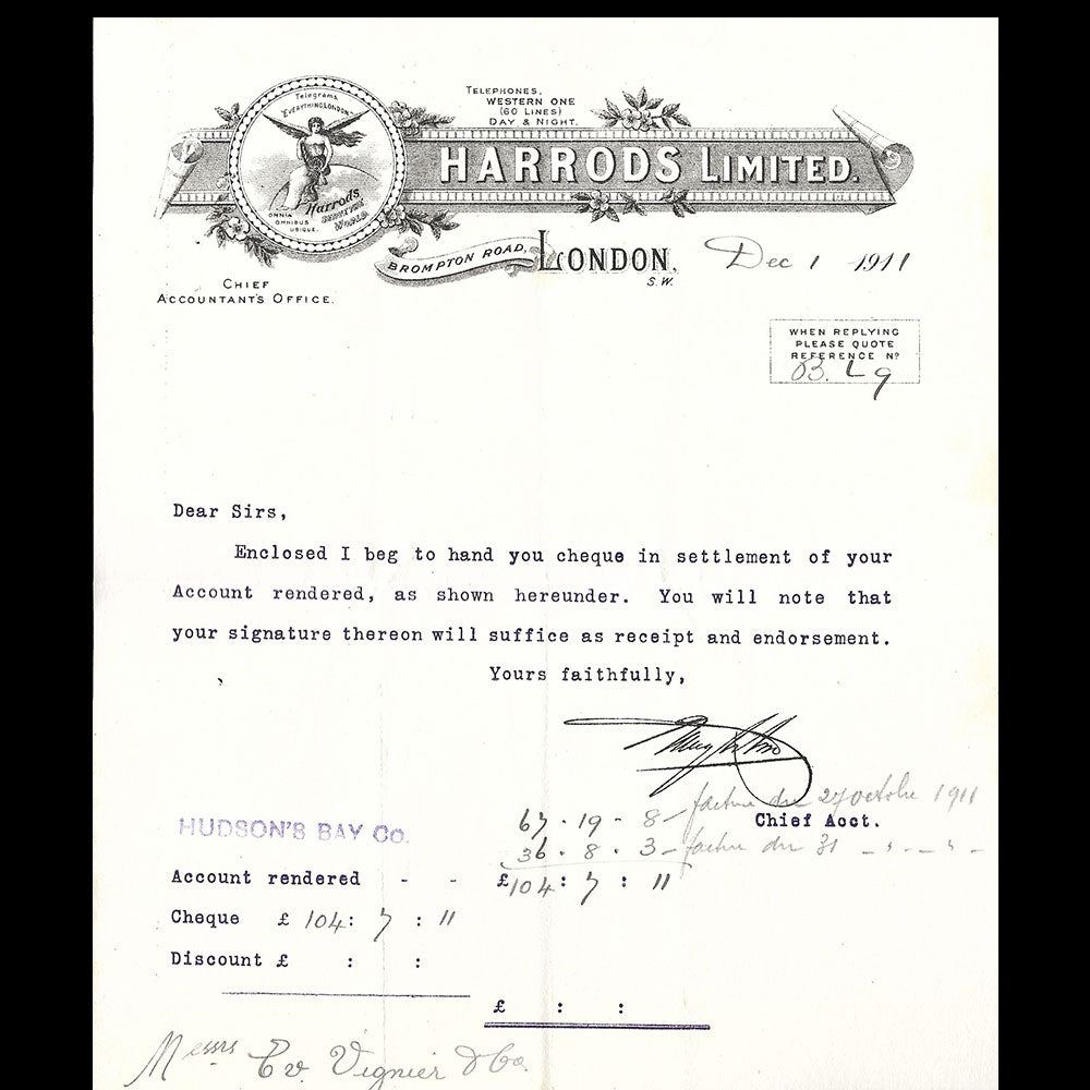 Harrods Limited - Lettre du magasin, Brompton Road, London (1911)