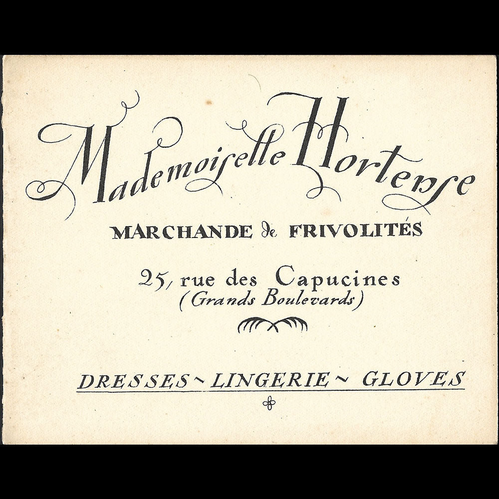 Mademoiselle Hortense - Carte de la marchande de frivolités, 25 rue des Capucines à Paris illustrée par Pierre Brissaud (1920s)