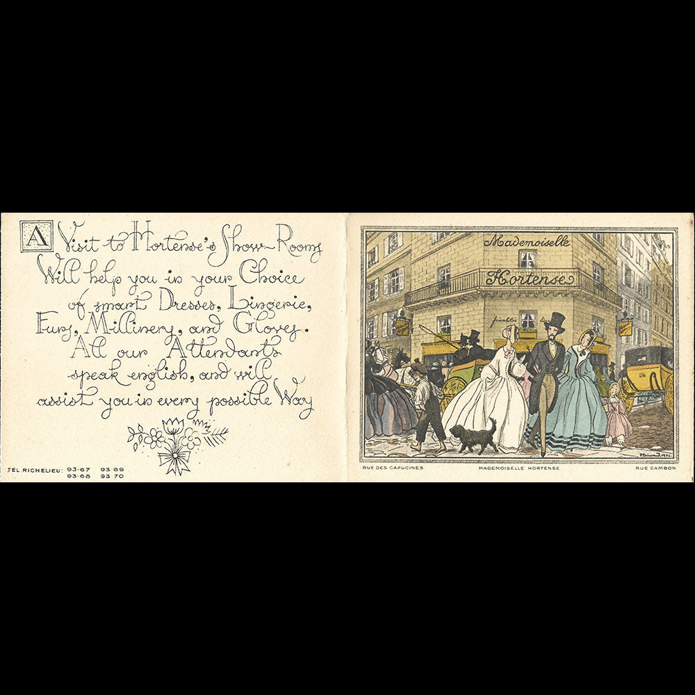 Mademoiselle Hortense - Carte de la marchande de frivolités, 25 rue des Capucines à Paris illustrée par Pierre Brissaud (1920s)