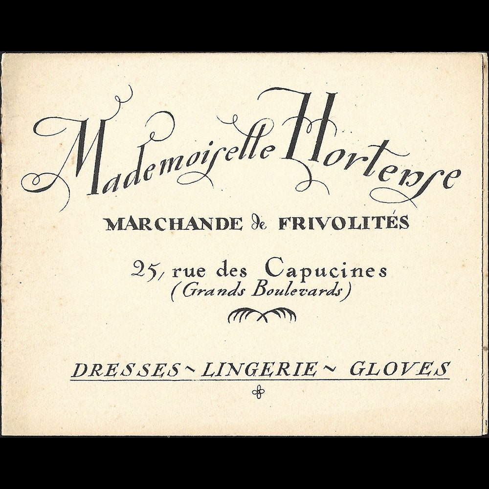 Mademoiselle Hortense - Carte de la marchande de frivolités, 25 rue des Capucines à Paris illustrée par Pierre Brissaud (1920s)