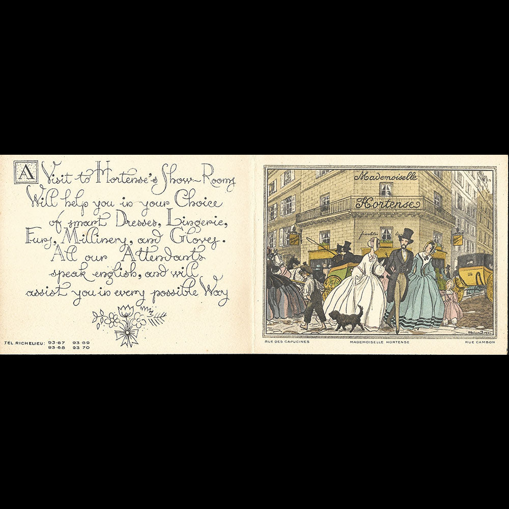 Mademoiselle Hortense - Carte de la marchande de frivolités, 25 rue des Capucines à Paris illustrée par Pierre Brissaud (1920s)