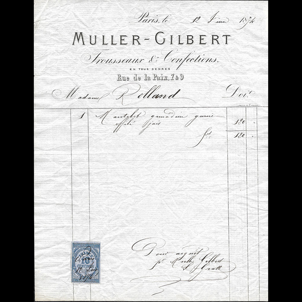 Facture de Muller Gilbert, trousseaux et confections en tous genres, 7 et 9 rue de la Paix à Paris (1874)