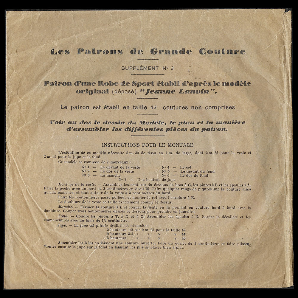 Les Patrons de Grande Couture - Numéro 3, patron de la robe de sport Saint-Cloud de Jeanne Lanvin (1927)