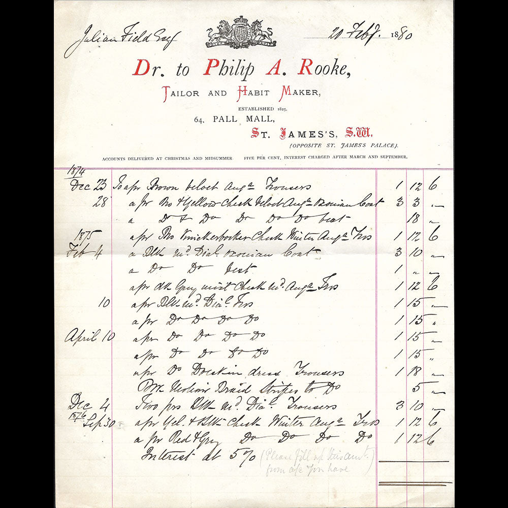 Philip A Rooke - Facture du tailleur, 64 Pall Mall, London (1880)