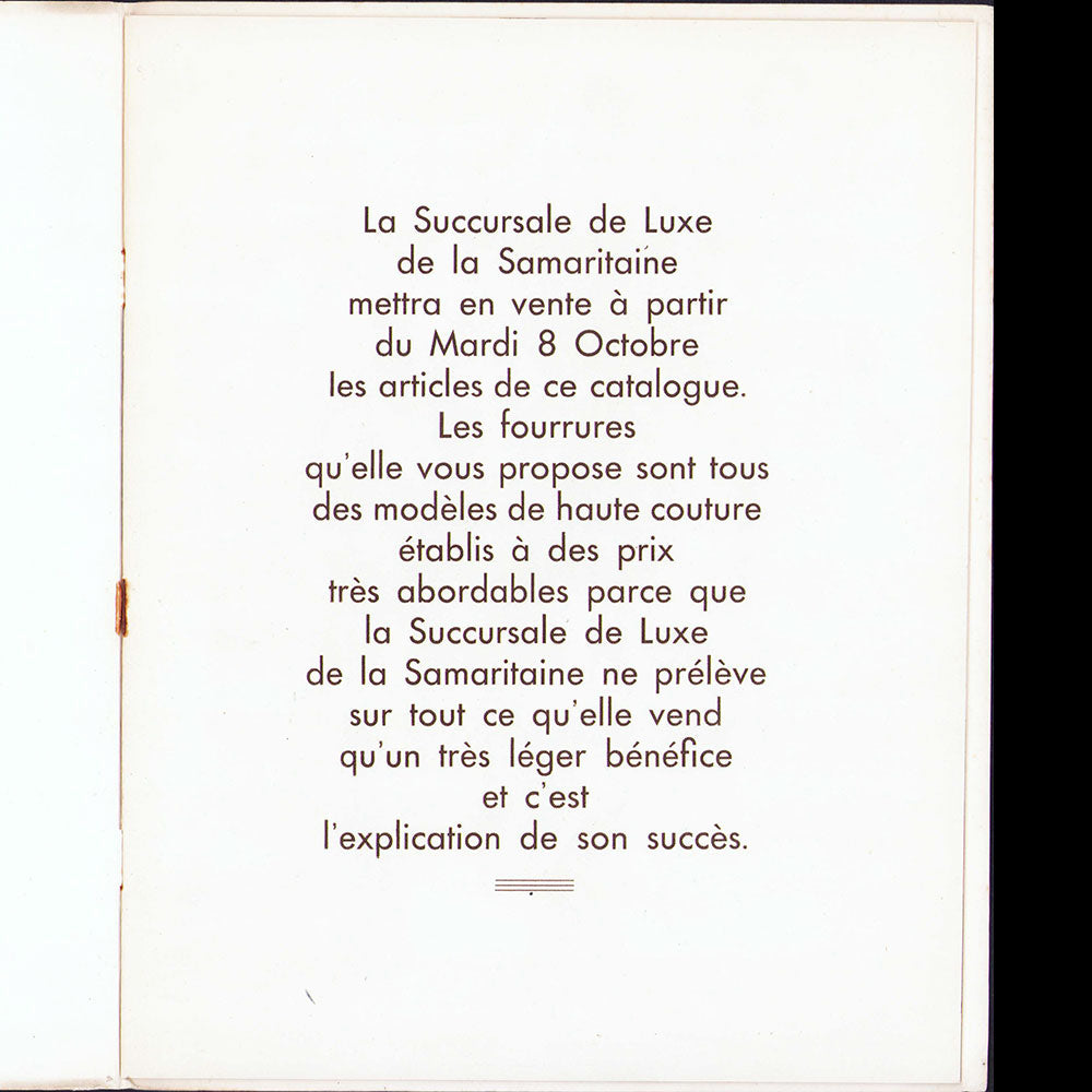 Succursale de luxe de la Samaritaine - Catalogue de fourrures (1935)