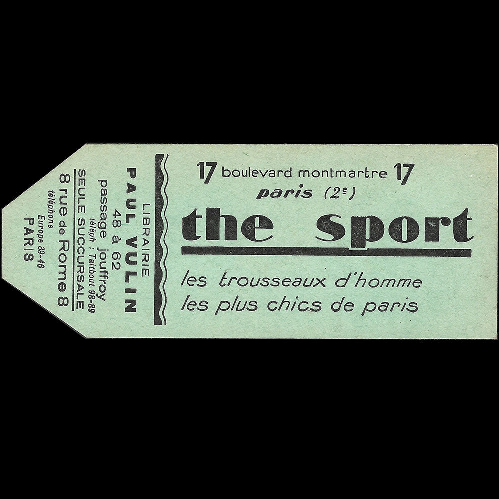 The Sport - Marque page du magasin pour hommes, 17 boulevard Montmartre à Paris (1920s)