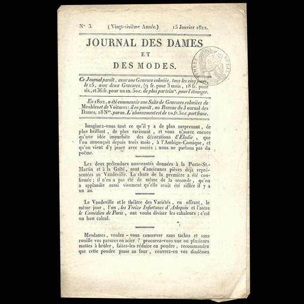 Le Journal des Dames et des Modes, Costumes Parisiens, n°3, 15 janvier 1822