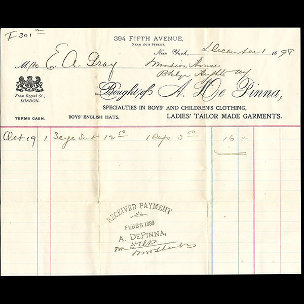 Alfred de Pinna - Facture d'A. De Pinna, 394 Fifth Avenue à New York (1898)