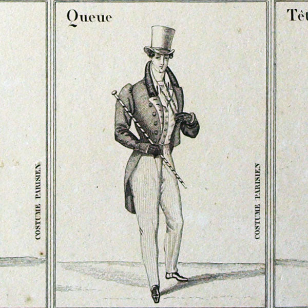 Cartes du jeu tête, bras, jambes, queue du costume parisien (circa 1820)