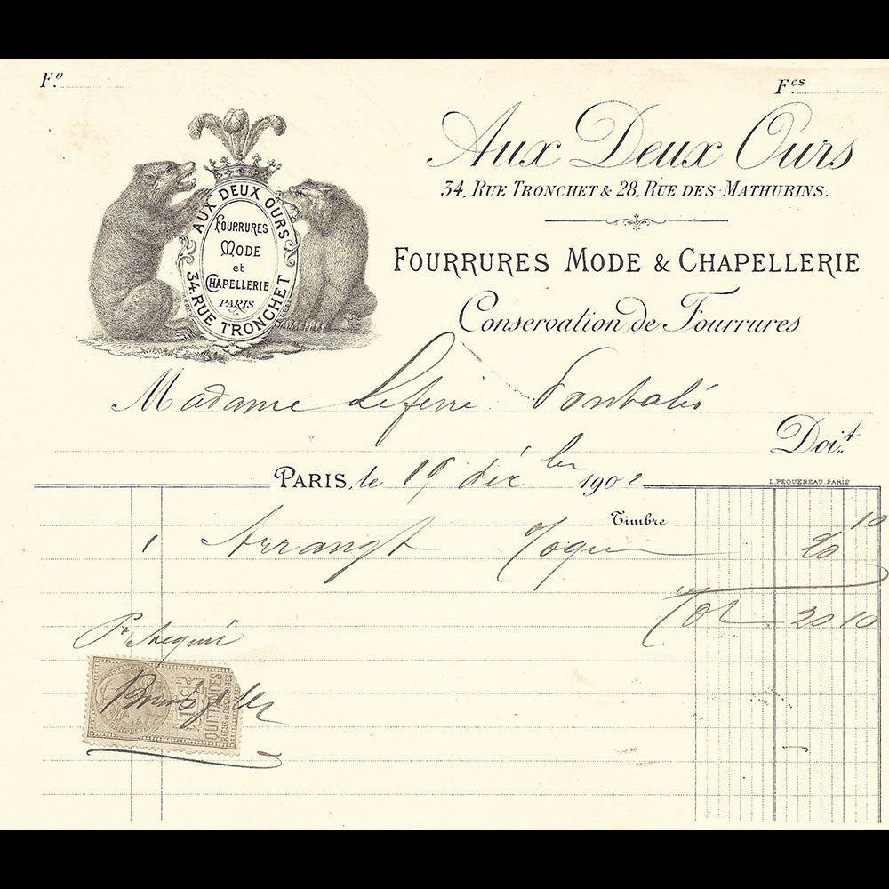 Aux Deux Ours - Facture de la maison de fourrures, mode et chapellerie, 34 rue Tronchet à Paris (1902)