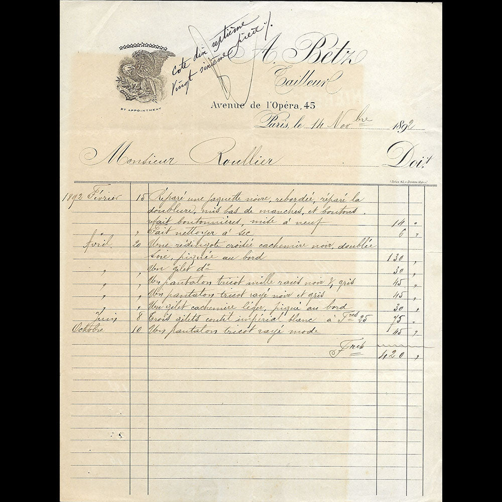 Facture du tailleur A. Betz, 45 avenue de l'Opéra à Paris (1892)