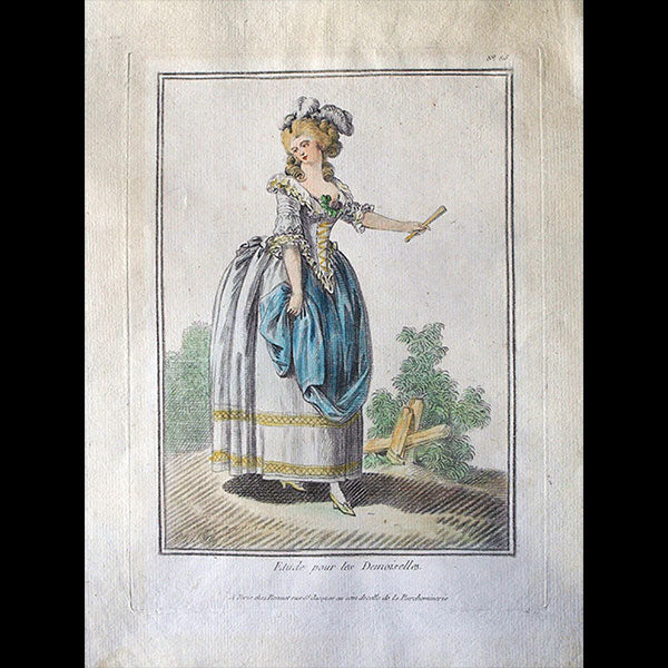 Elégante se promenant, gravure de mode de la suite Etude pour les Demoiselles d'après Jean-Baptiste Huet (1783)
