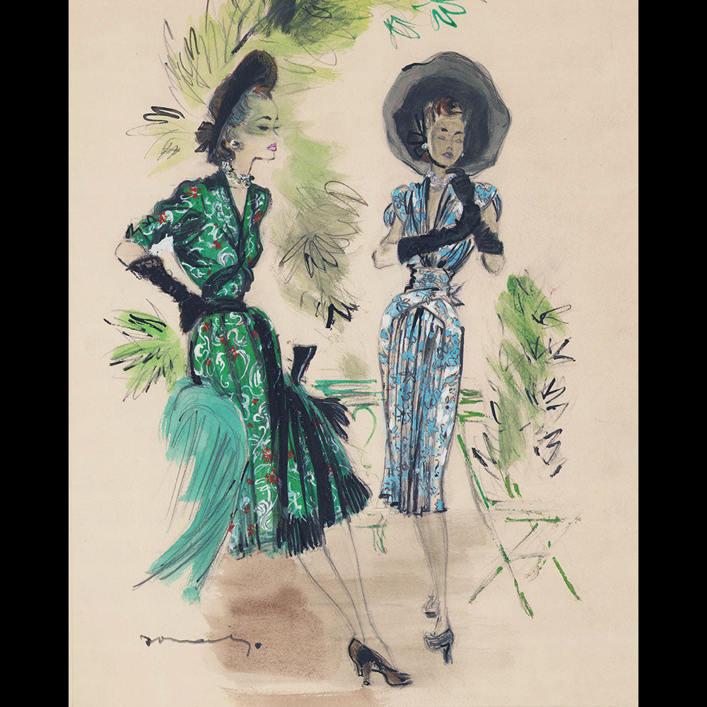 Jacques Demachy - Robes de Jeanne Lanvin et Robert Piguet, dessin pour la Femme Chic (1946)