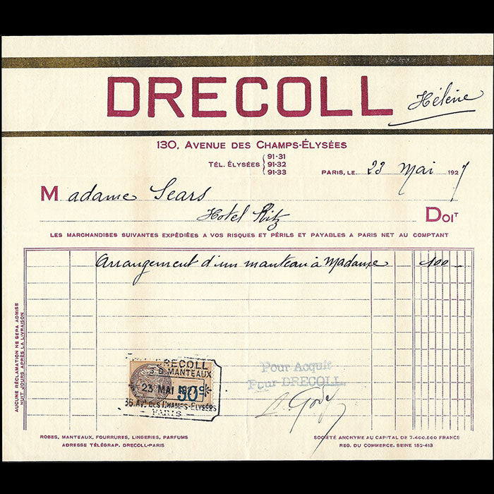 Drecoll - Facture de la maison de couture, 140 avenue des Champs-Elysées à Paris (1927)