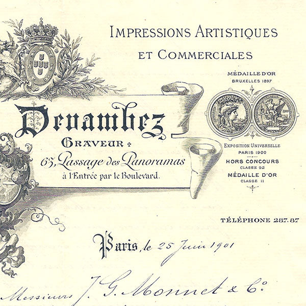 Lettre de la Maison Devambez, graveur, passage des Panoramas à Paris (1901)