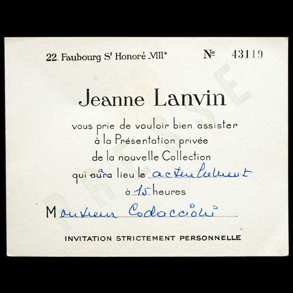 Carton d'invitation à une présentation de collection de Jeanne Lanvin (1940s)