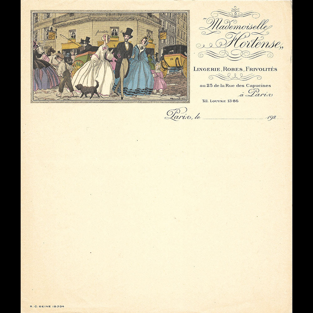 Mademoiselle Hortense - Papier à lettres de la marchande de frivolités, 25 rue des Capucines à Paris illustrée par Pierre Brissaud (circa 1920s)