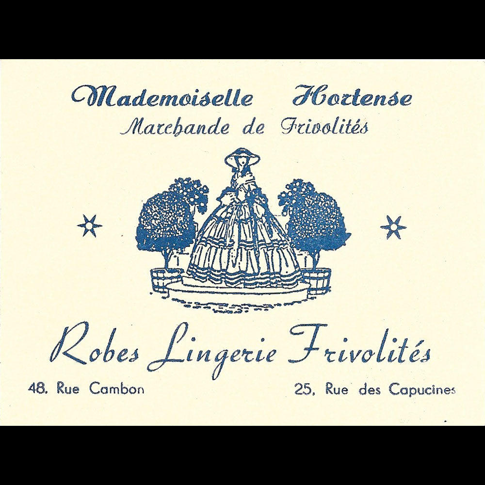Mademoiselle Hortense - Carte de la marchande de frivolités, 23-25 rue des Capucines à Paris illustrée par Pierre Brissaud (circa 1930)