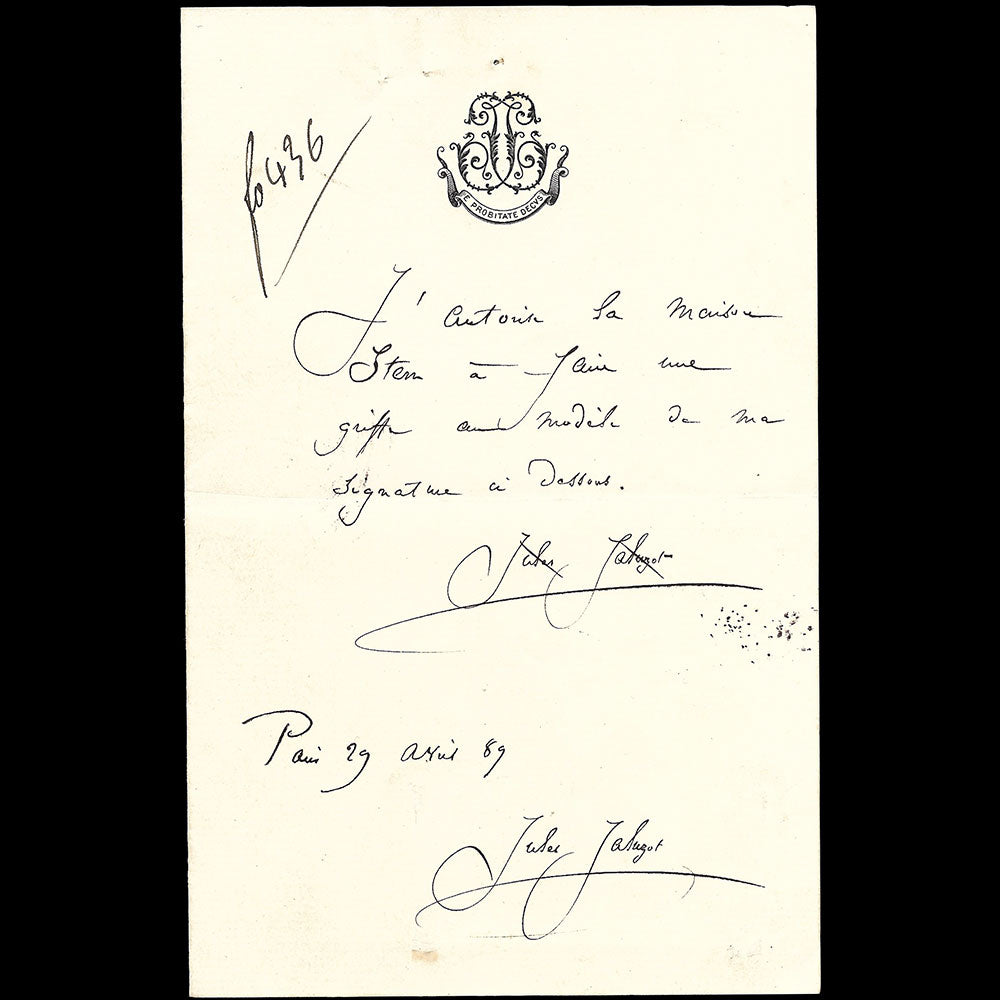 Le Printemps - Lettre autographe signée de Jules Jaluzot au graveur Stern (1889)