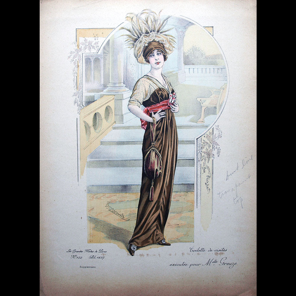 Toilette de visites portée par Mademoiselle Greuze, gravure des Grandes Modes de Paris (1914)