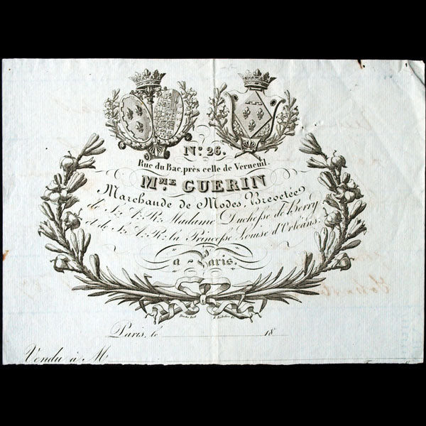 Mme Guerin - Reçu de la marchande de modes, 26 rue du Bac à Paris (1827)