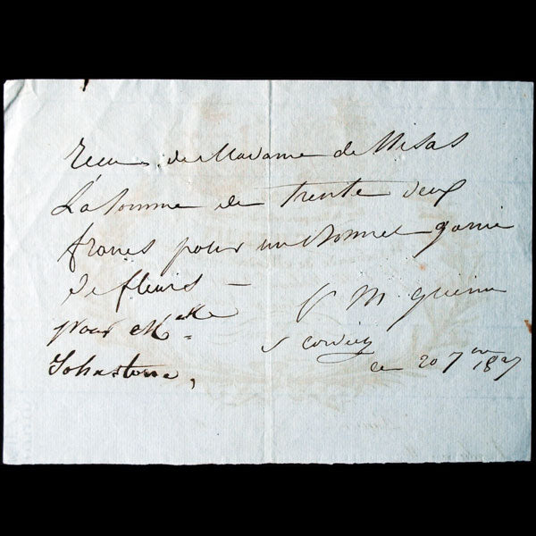 Mme Guerin - Reçu de la marchande de modes, 26 rue du Bac à Paris (1827)