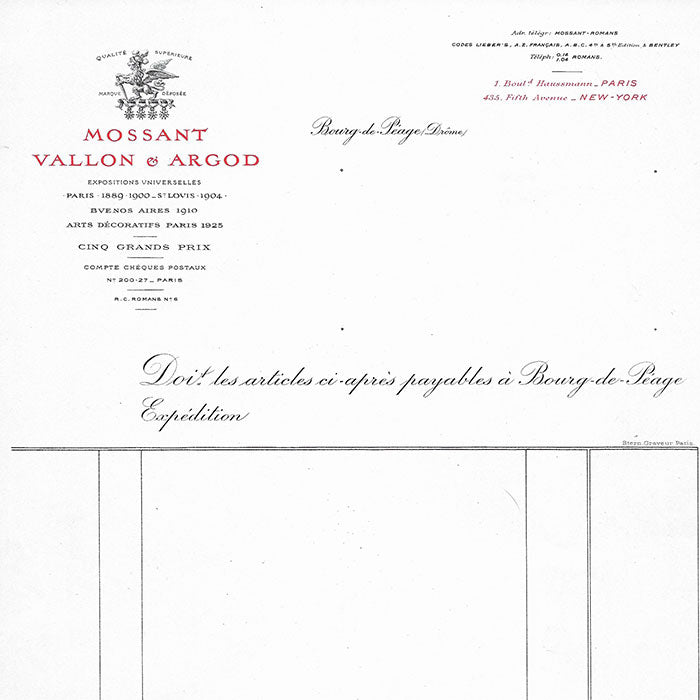 Mossant, Vallon & Argod - Facture de la maison de chapeaux (circa 1925)