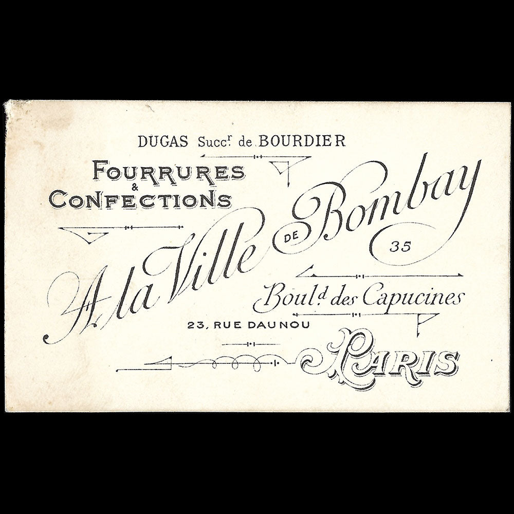 A la Ville de Bombay - Carte de la maison de fourrures, 35 boulevard des Capucines à Paris (1896)