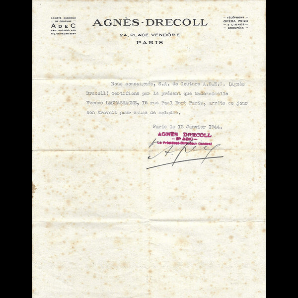 Agnès Drecoll - Certificat de travail d'une employée (1944)