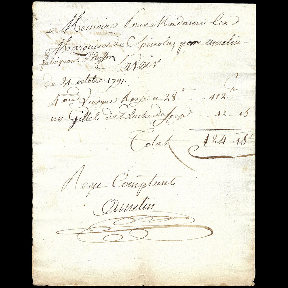 Amelin - Mémoire du marchand de draps, 714 rue Saint-Honoré à Paris (1791)