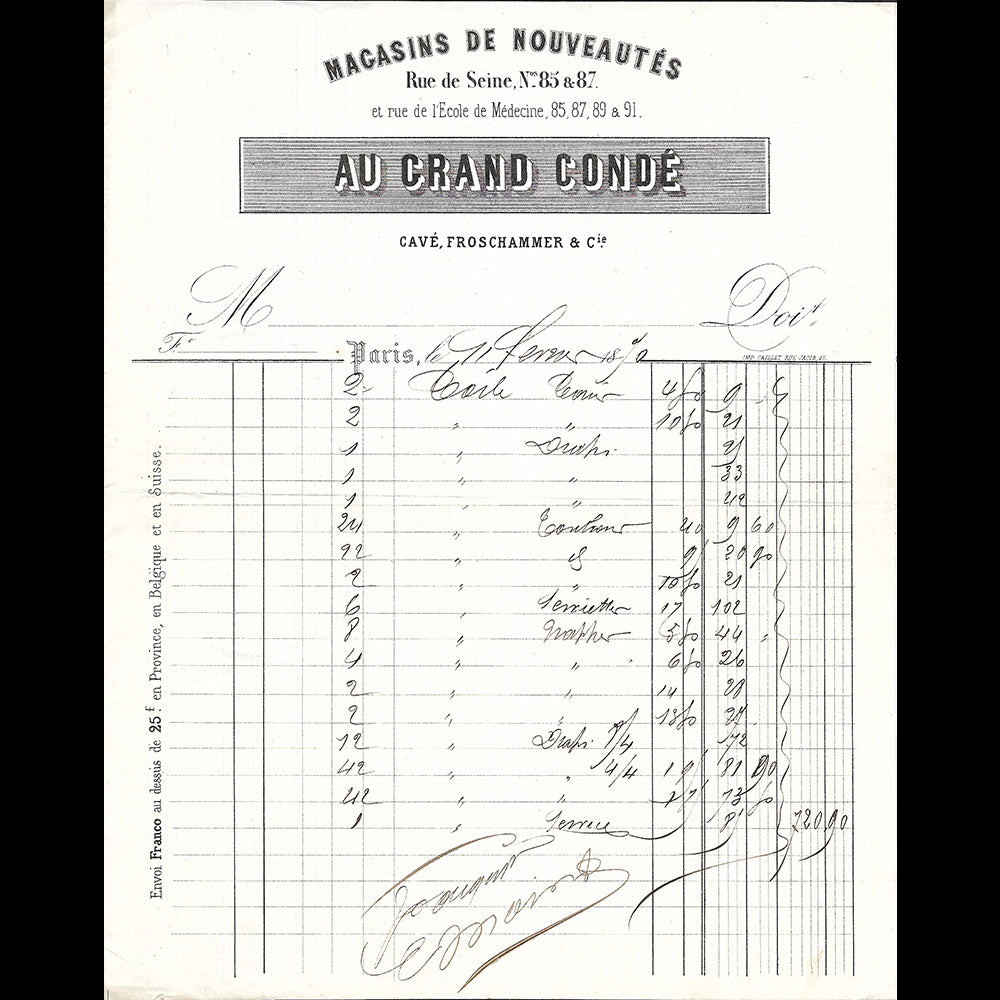 Au Grand Condé - Facture du magasin de Nouveautés, 85 & 87 rue de Seine à Paris (1870)