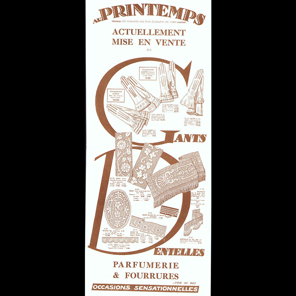 Au Printemps - Actuellement mis en vente Gants, Dentelles, Parfums, Fourrures affiche des grands magasins (1924)