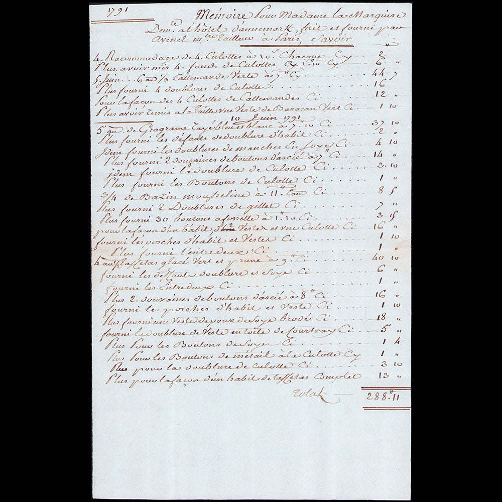 Avenel - Mémoire du Maître tailleur à Paris (1791)
