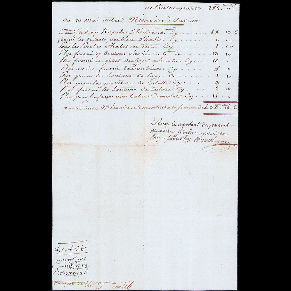 Avenel - Mémoire du Maître tailleur à Paris (1791)