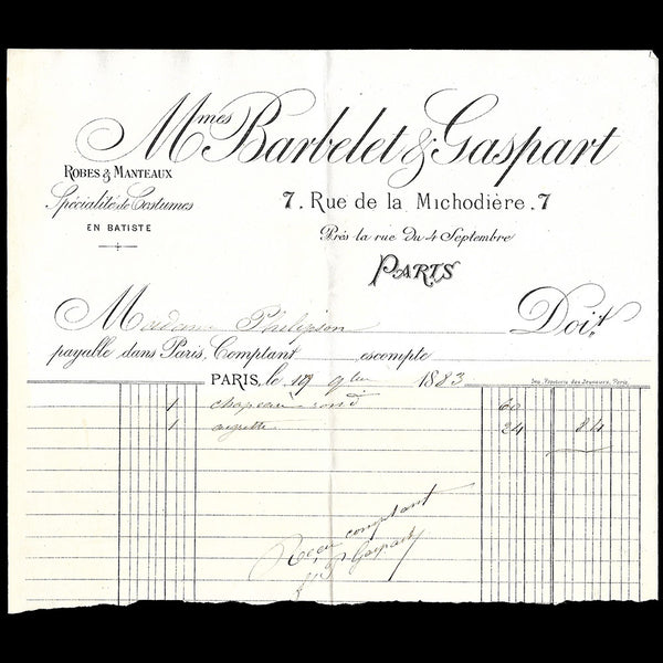 Barbelet & Gaspart - Facture de la maison de couture, 7 rue de la Michodière à Paris (1883)