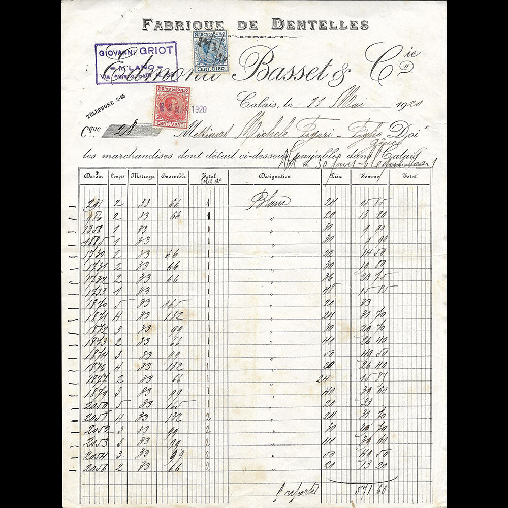 Edmond Basset & Cie - Facture de la fabrique de dentelles de Calais (1920)