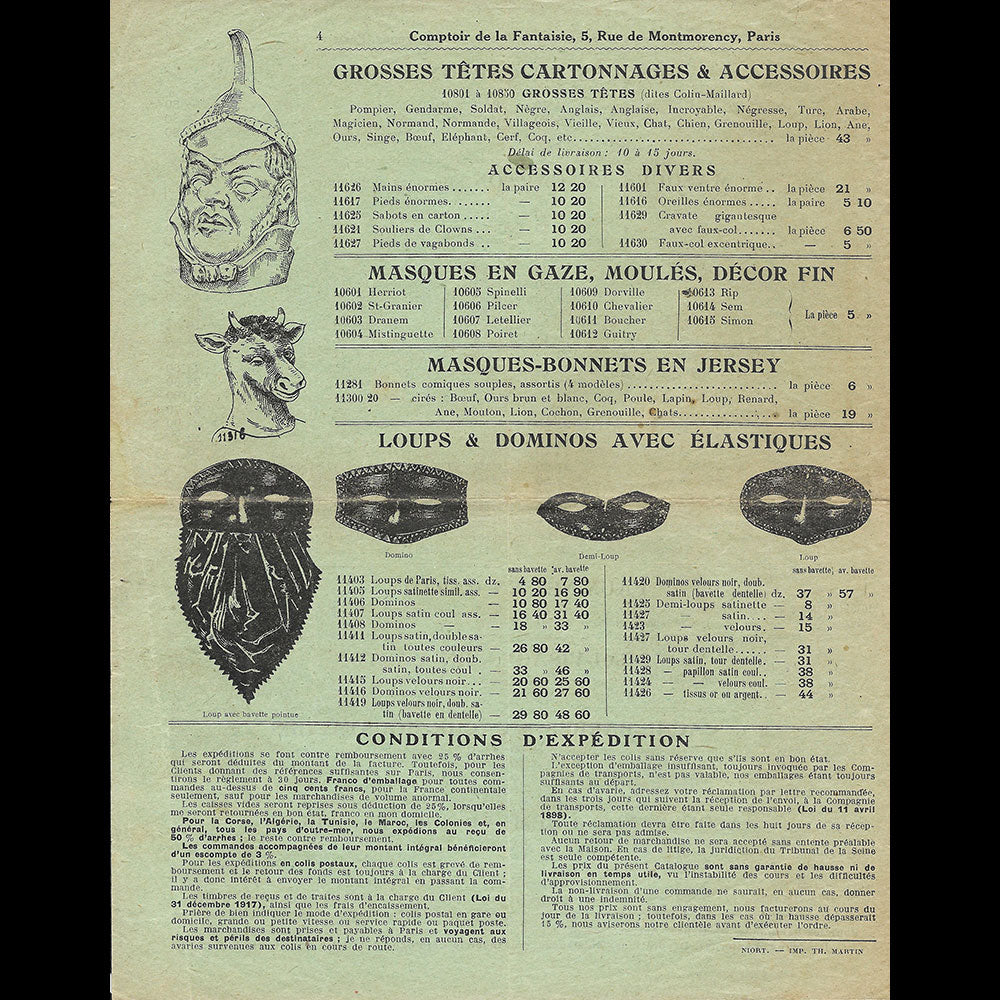 Comptoir de la Fantaisie G. Billy - Catalogue de Masques en tous genres, rue Montmorency à Paris (1928)