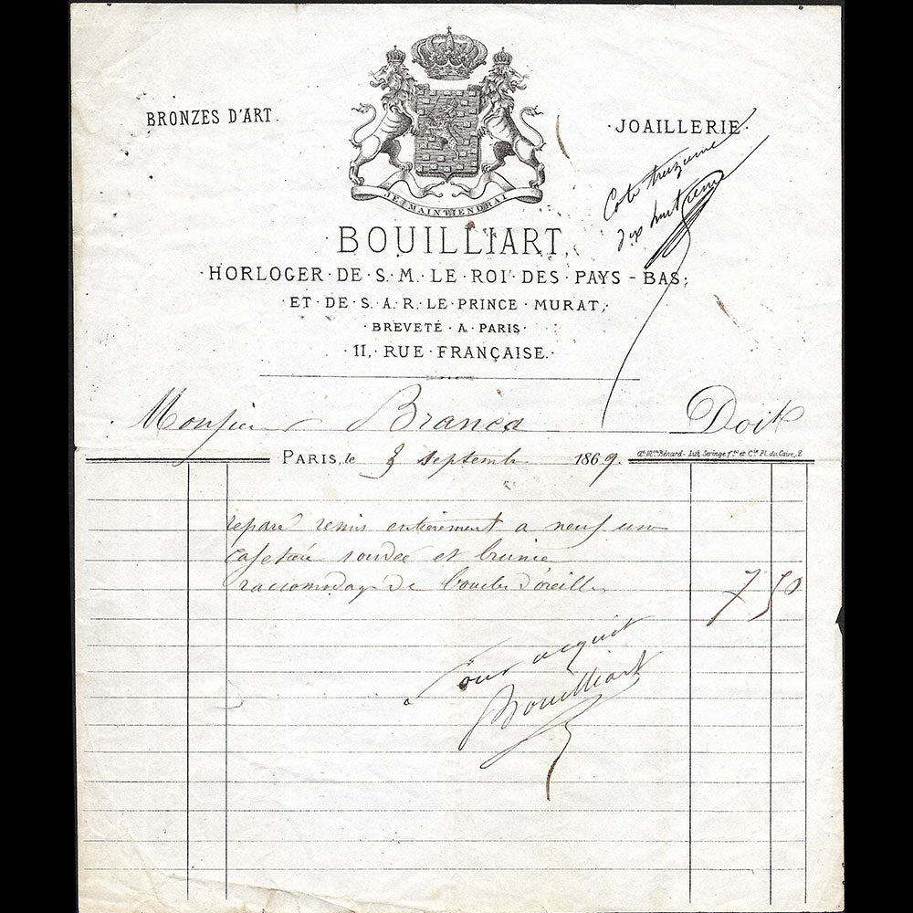 Bouilliart - Facture de l'horloger, 11 rue Française à Paris (1869)