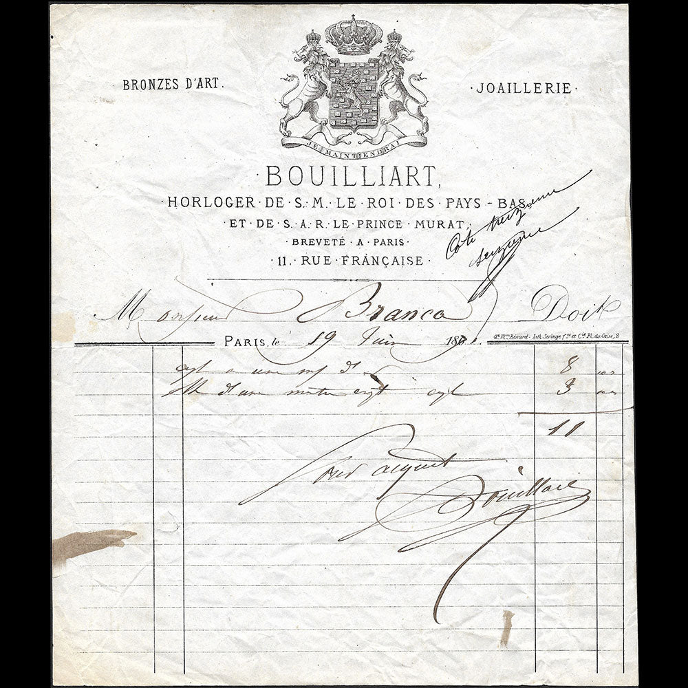 Bouilliart - Facture de l'horloger, 11 rue Française à Paris (1871)