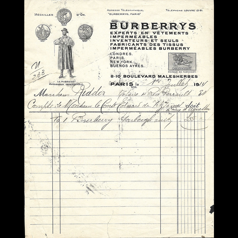 Burberrys - Facture de la maison spécialiste en imperméables, 8-10 boulevard Malesherbes à Paris (1914)