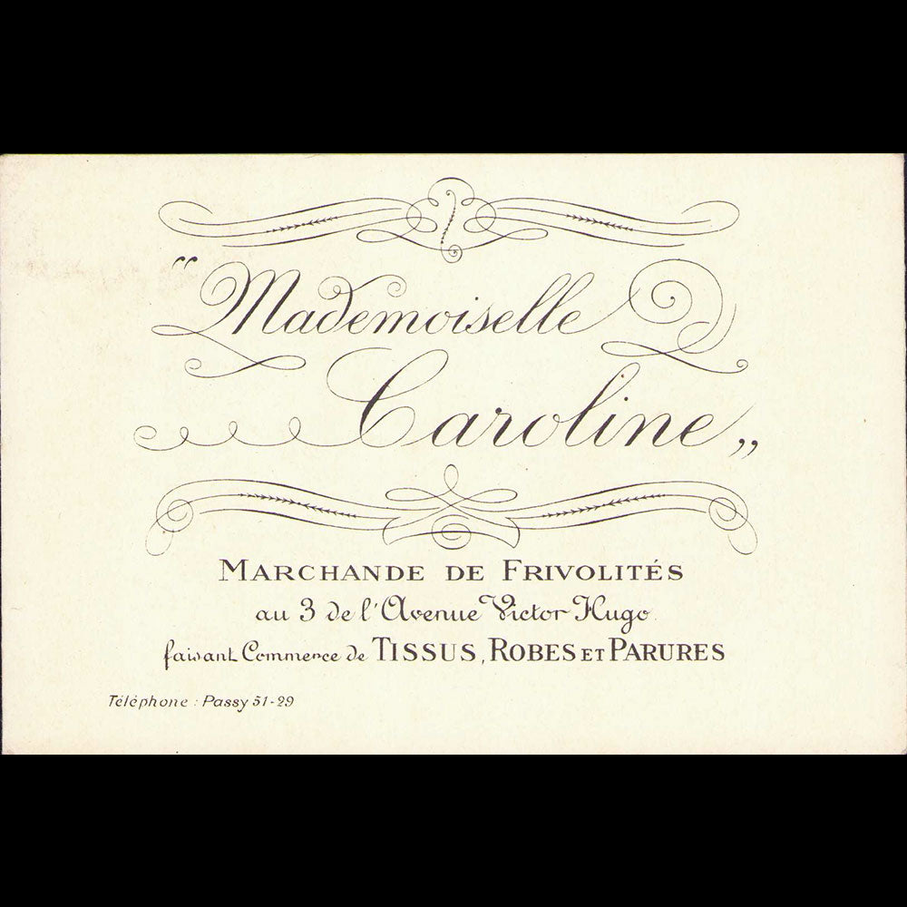 Mademoiselle Caroline - Carte de la marchande de frivolités, 3 avenue Victor Hugo à Paris illustrée par Pierre Brissaud (circa 1920s)