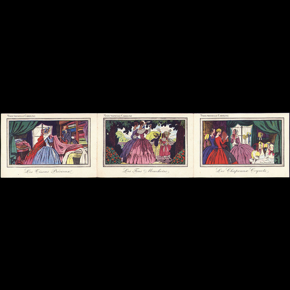 Mademoiselle Caroline - Carte de la marchande de frivolités, 3 avenue Victor Hugo à Paris illustrée par Pierre Brissaud (circa 1920s)