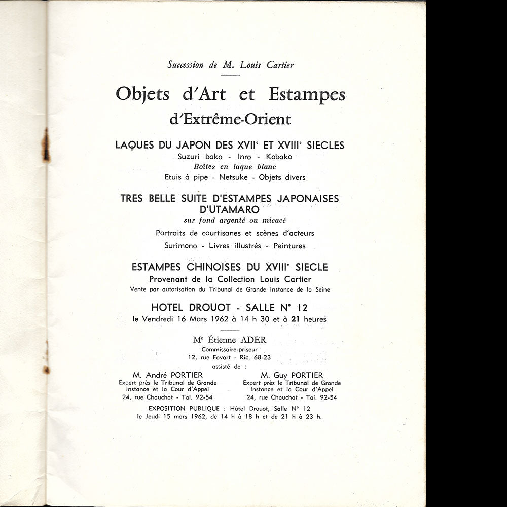 Estampes et Laques d'Extrême Orient - Catalogue de vente de la succession de Mr Louis Cartier (1962)